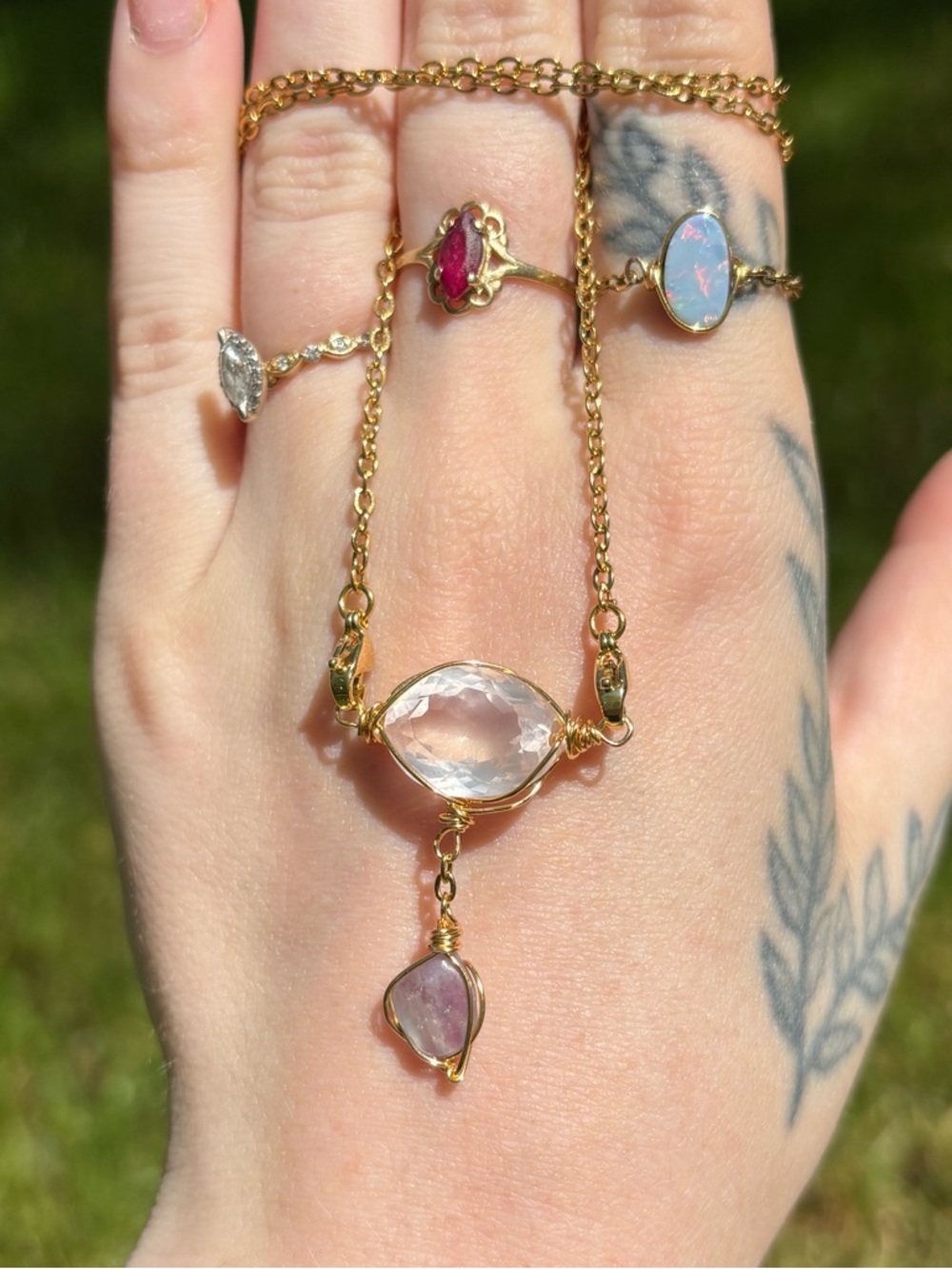 Rose quartz and flourite double dangle interchangeable necklace